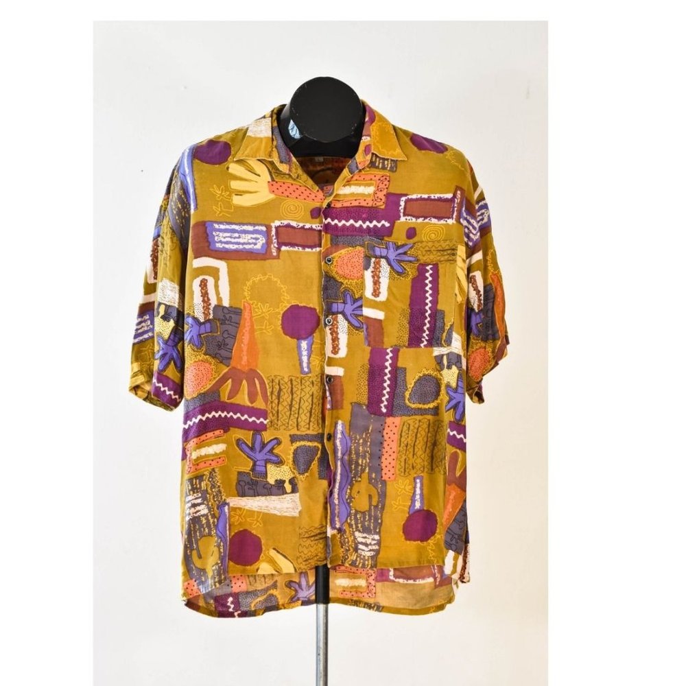 Vintage Colorful Spring Shirt, Vintage Short Sleeve Button Up Size L